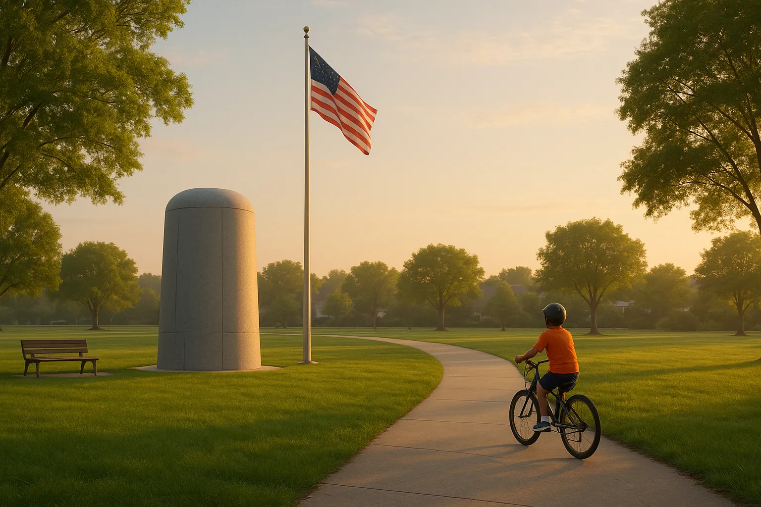 A child rides a bicycle past a flag and a large cylindrical structure in a park.