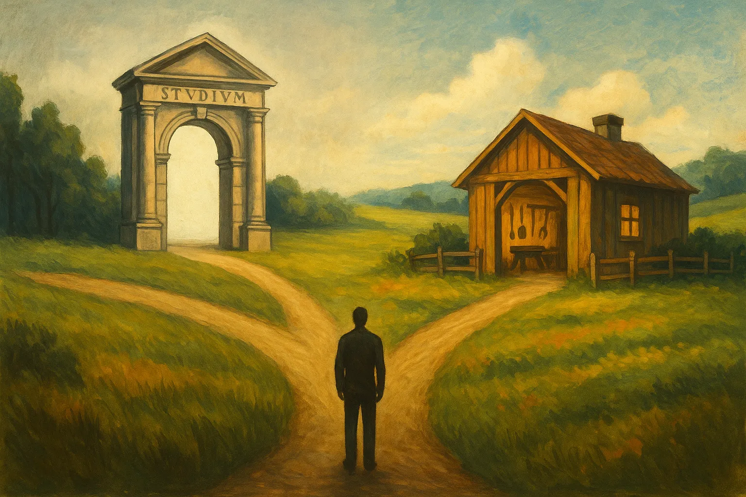 A silhouetted person stands at a fork between a classical archway and a wooden workshop.