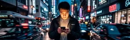 A person looks at a phone while walking through traffic-lit city streets.