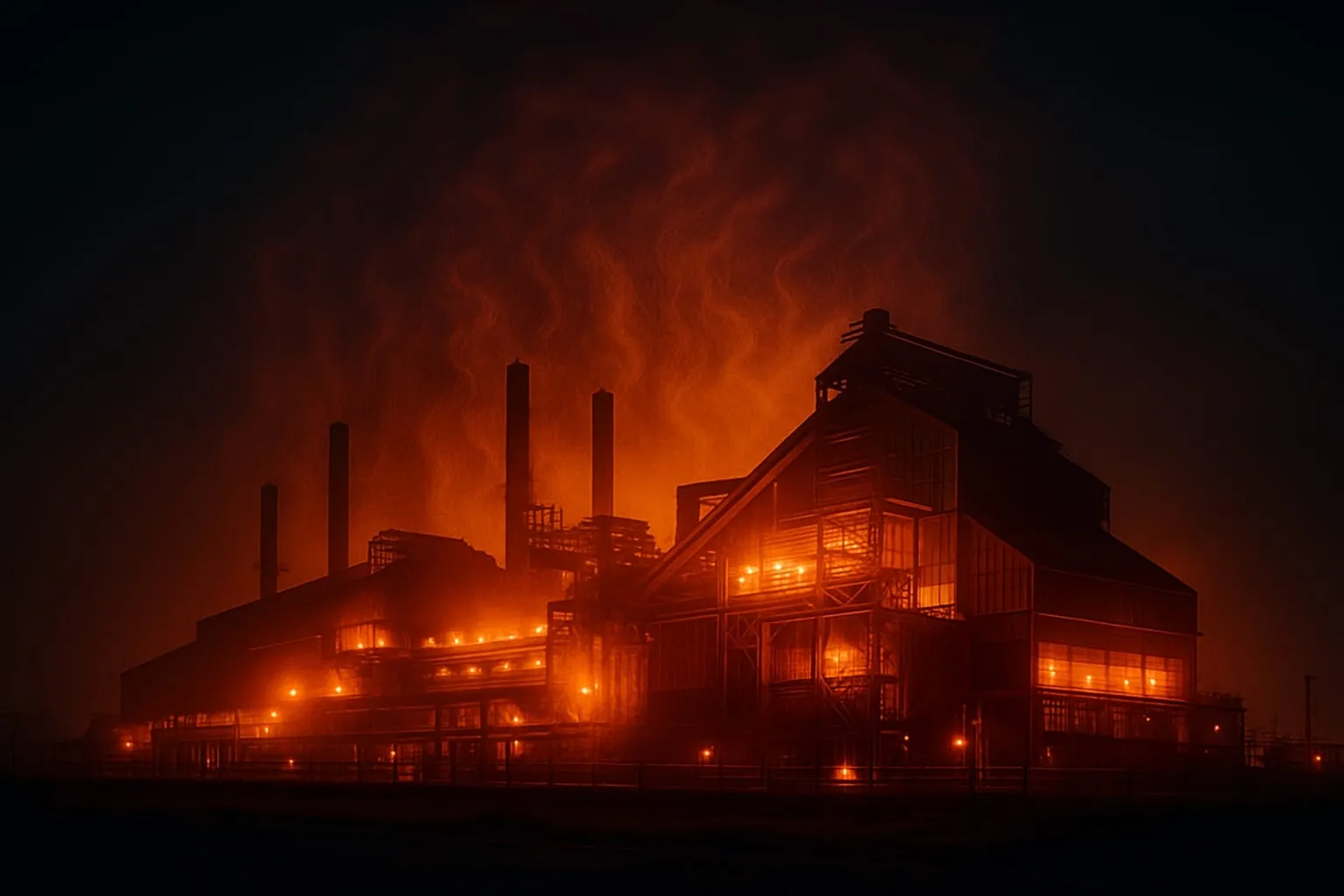An industrial plant glows orange beneath a plume of heat.
