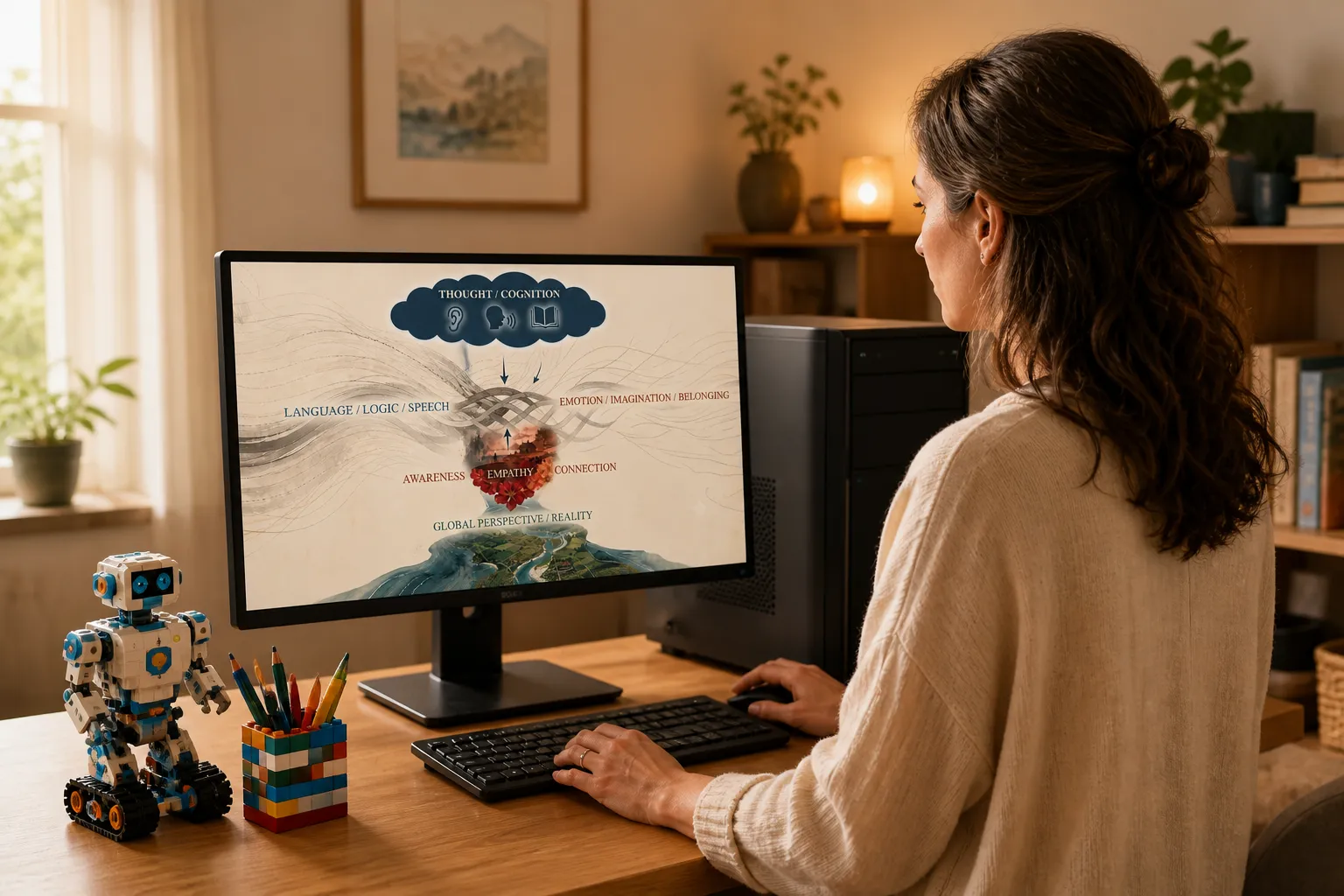 A woman stands behind a desk in quarter-rear view, conducting a desktop computer, with a LEGO robot and LEGO pen-and-pencil holder beside the keyboard.