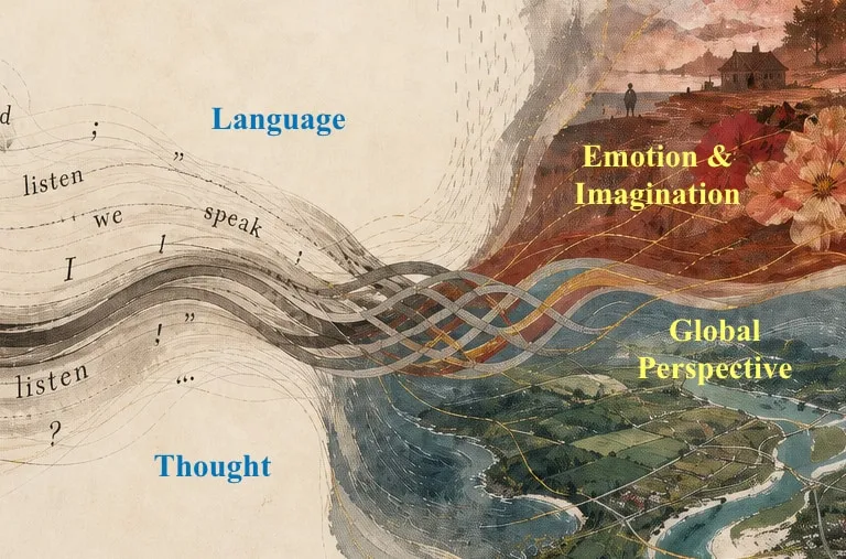 Language and thought flow into emotion and imagination and a wider global perspective through a braided current.