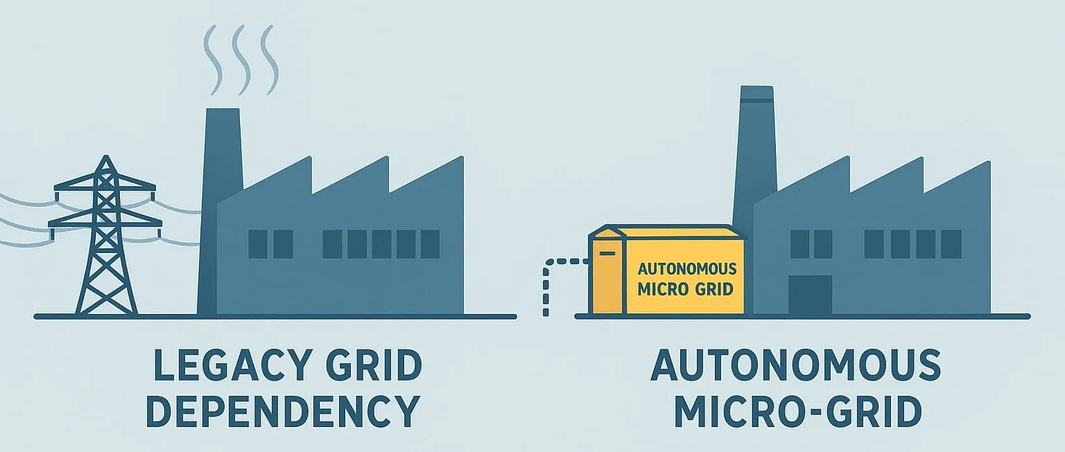 An illustration compares a legacy power grid with an autonomous micro-grid.
