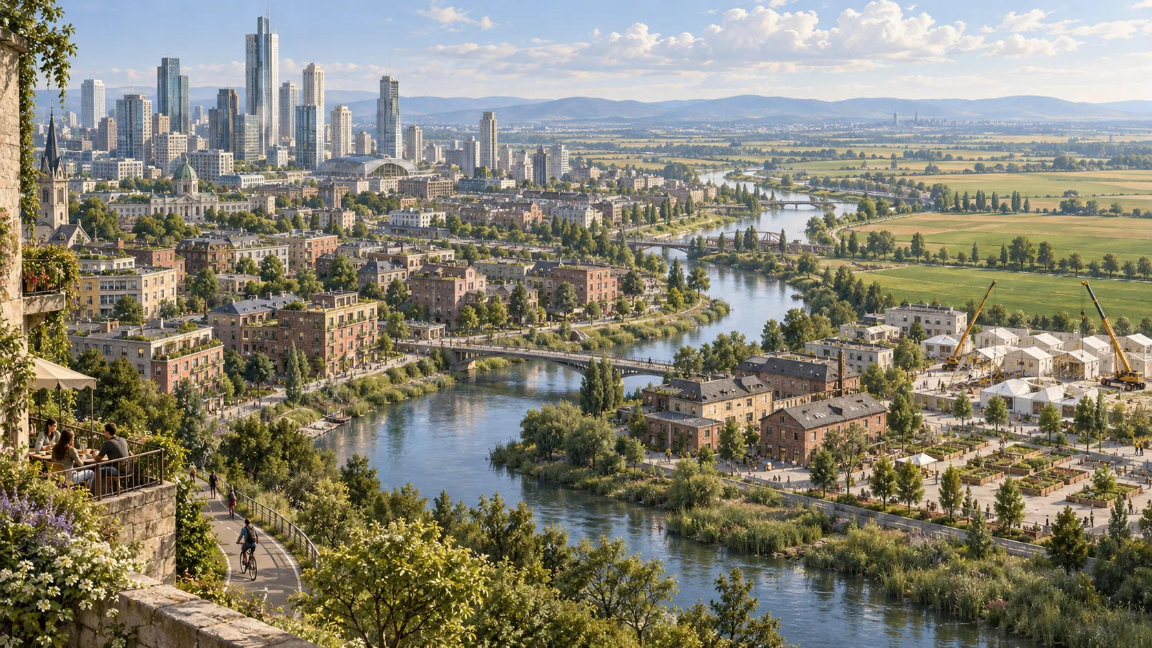 A river and bicycle paths wind through planted city neighborhoods, with glass towers, green fields, and gardens among former reception buildings.