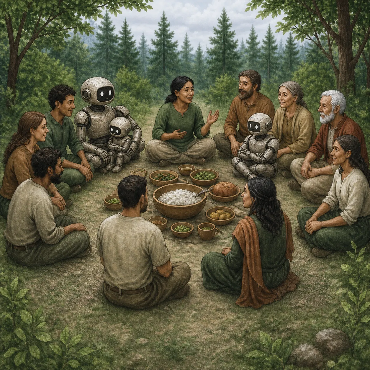 A diverse group sits in a circle outdoors with a mother robot and two child robots among them, sharing a communal meal and conversation.