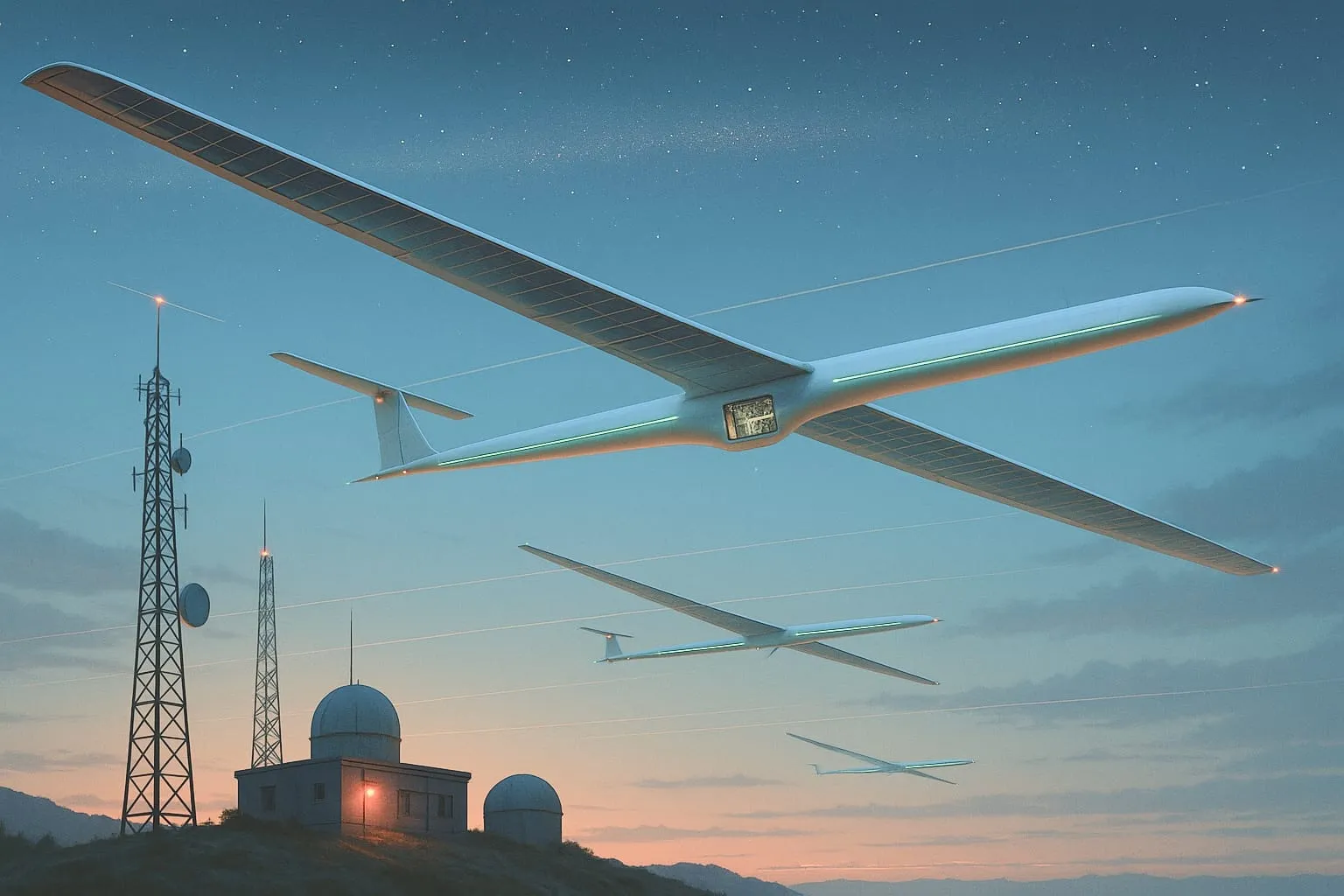 Solar-powered aircraft fly above communications towers and observatories beneath a starry sky.