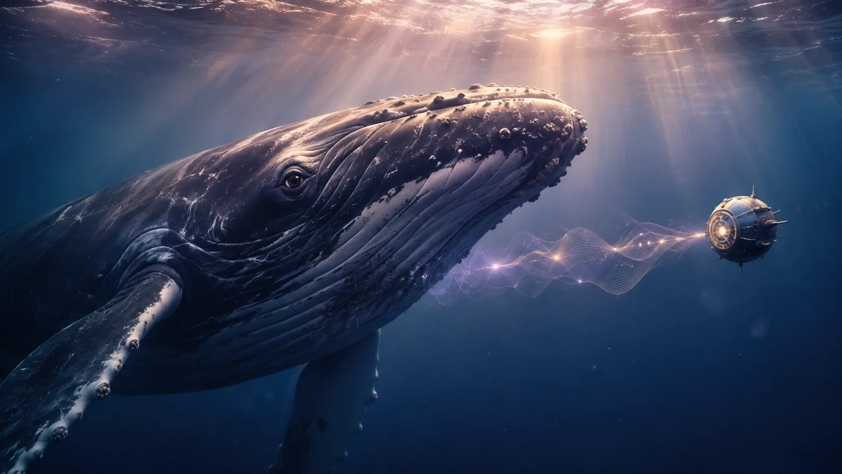 A humpback whale regards a small underwater translation device emitting luminous wave patterns.