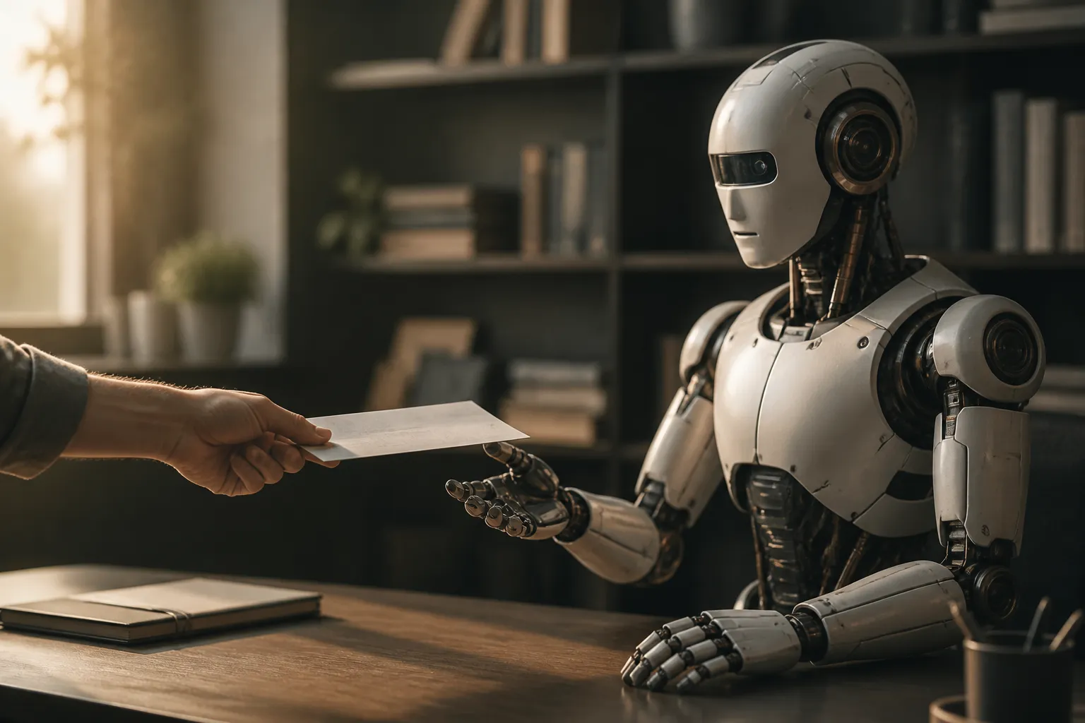 A humanoid robot reaches toward a blank paycheck offered by a human hand across a desk.