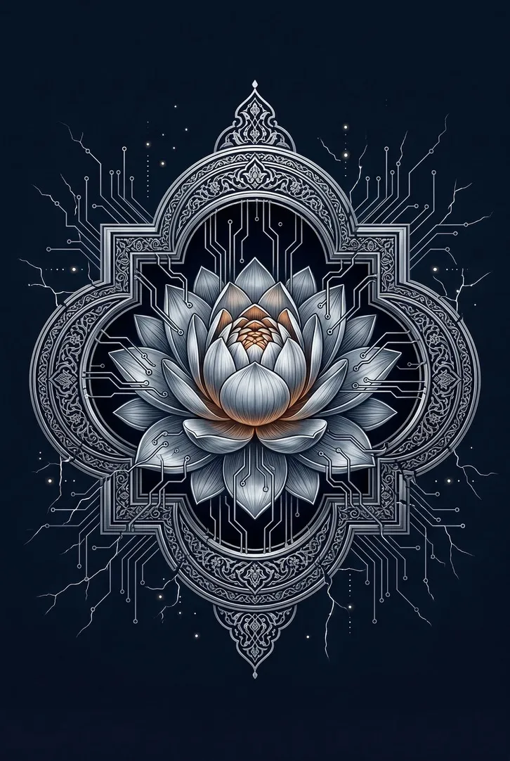 A silver lotus set within an ornate circuit-like mandala on a dark background.