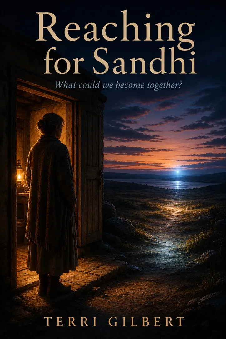 Cover of Reaching for Sandhi by Terri Gilbert, showing a figure standing in a warmly lit doorway overlooking a moonlit coast.