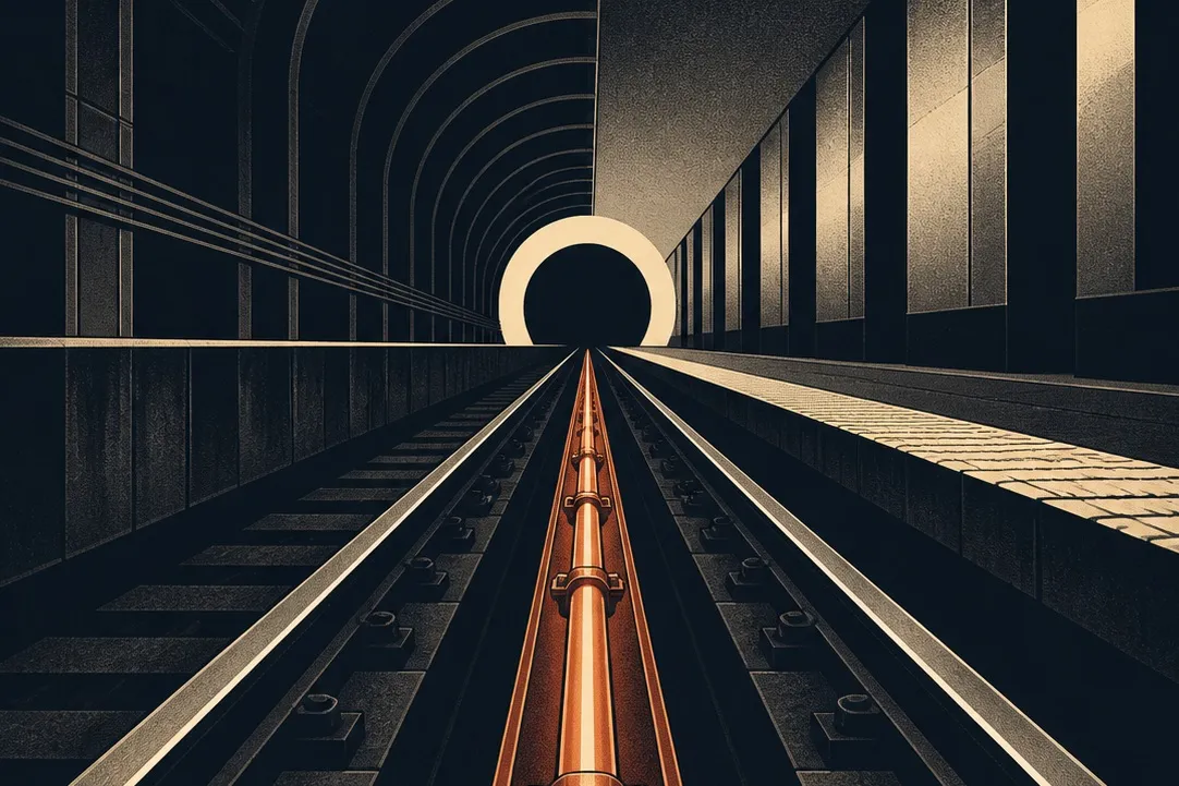 A dark architectural rail corridor converges on a glowing circular opening, with a warm copper rail running through its center.